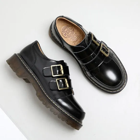 Women Retro Classic Double Buckle Leather Loafers Flat Casual Shoes