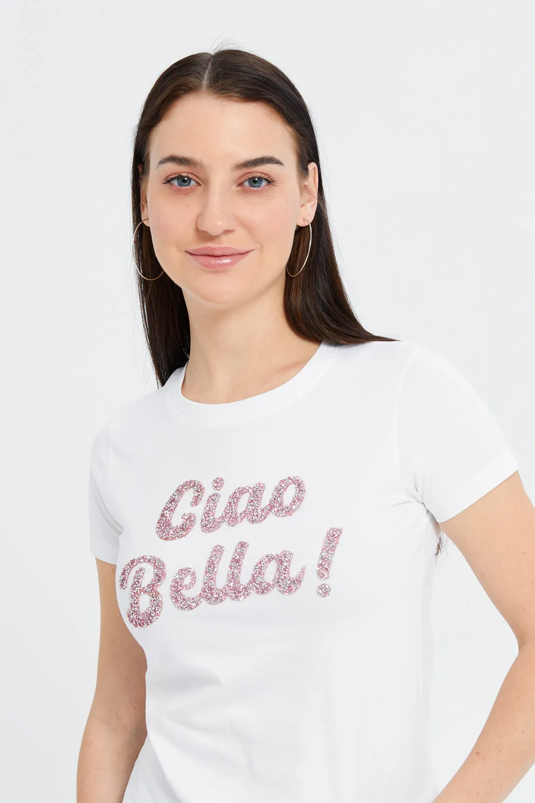 Women White Ciao Bella Embellished T-Shirt