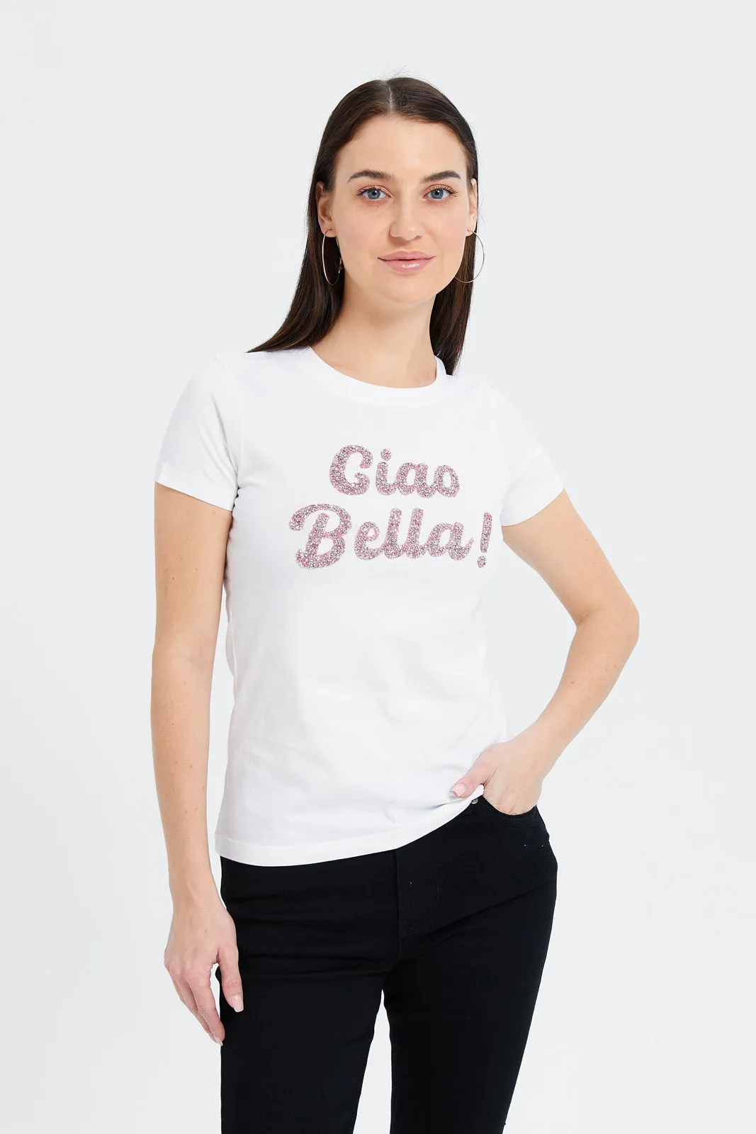 Women White Ciao Bella Embellished T-Shirt