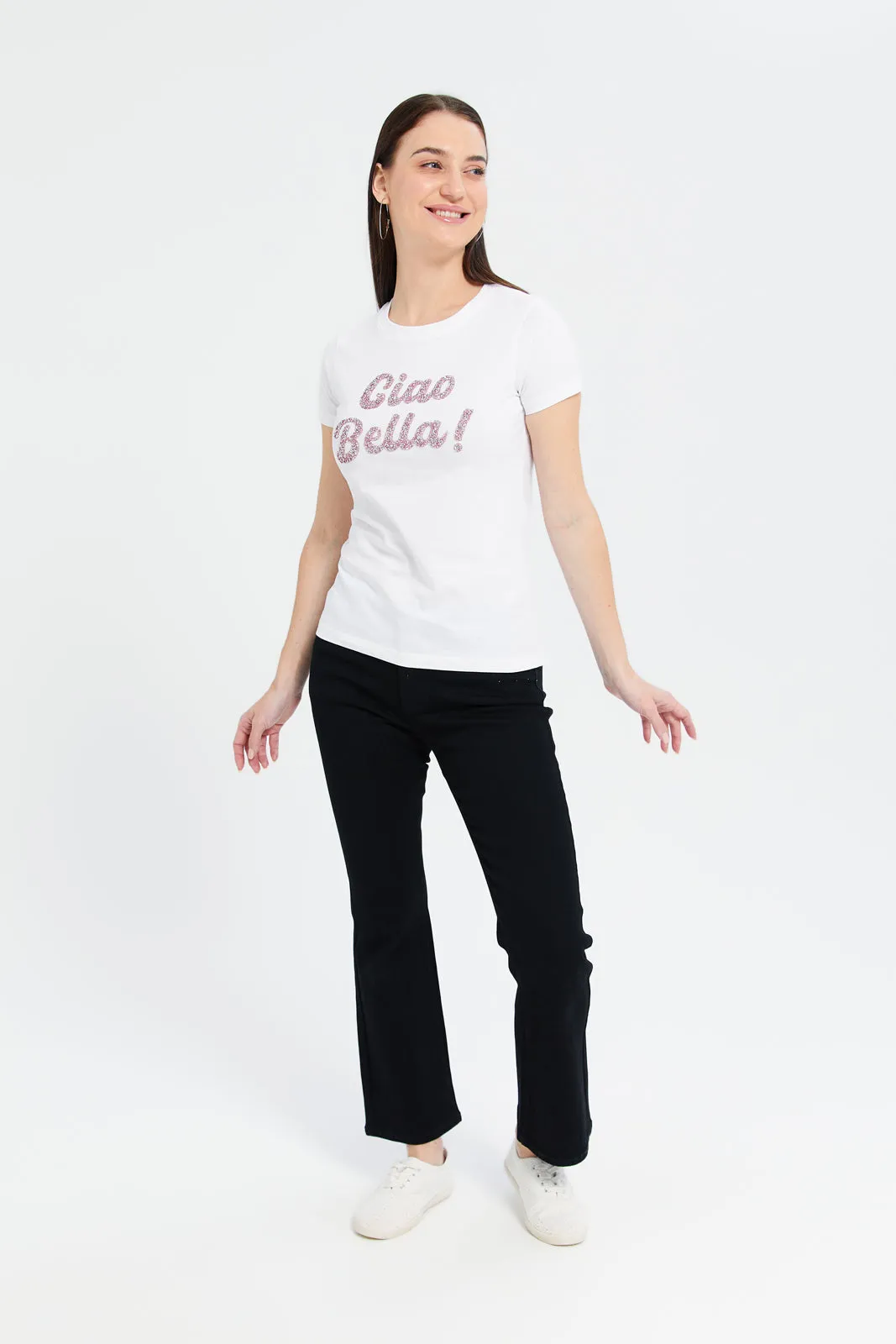 Women White Ciao Bella Embellished T-Shirt