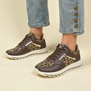 Women's Flat Leopard Print Lace-Up Casual Sneakers 22195217C