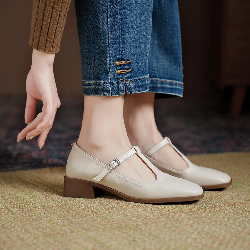 Womens Handmade Sheepskin Leather Square-Toe T-Strap Mary Jane Shoes