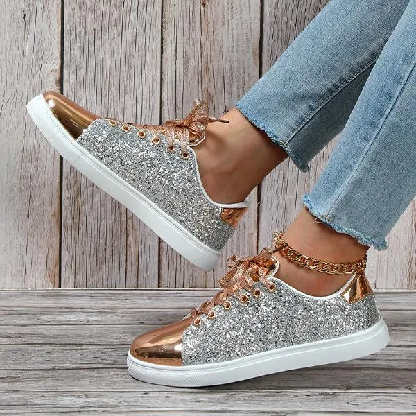 Women's Shiny Fashionable Glitter Lace-Up Sneakers 16244957S