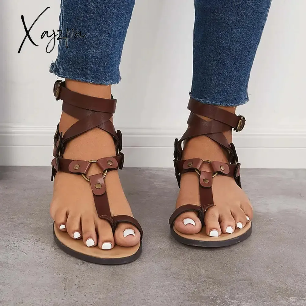 Xajzpa - Women Summer Holiday Sandals Ankle Strap Flat Heel Strappy Comfortable Sandals